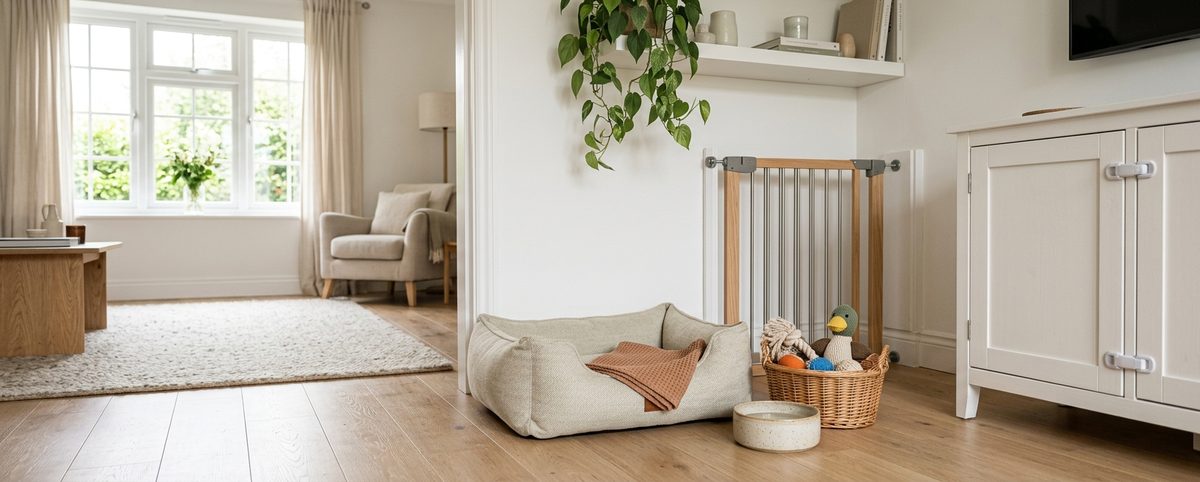 Mysigt skandinaviskt hem förberett för en nybliven valp med säker miljö och bur