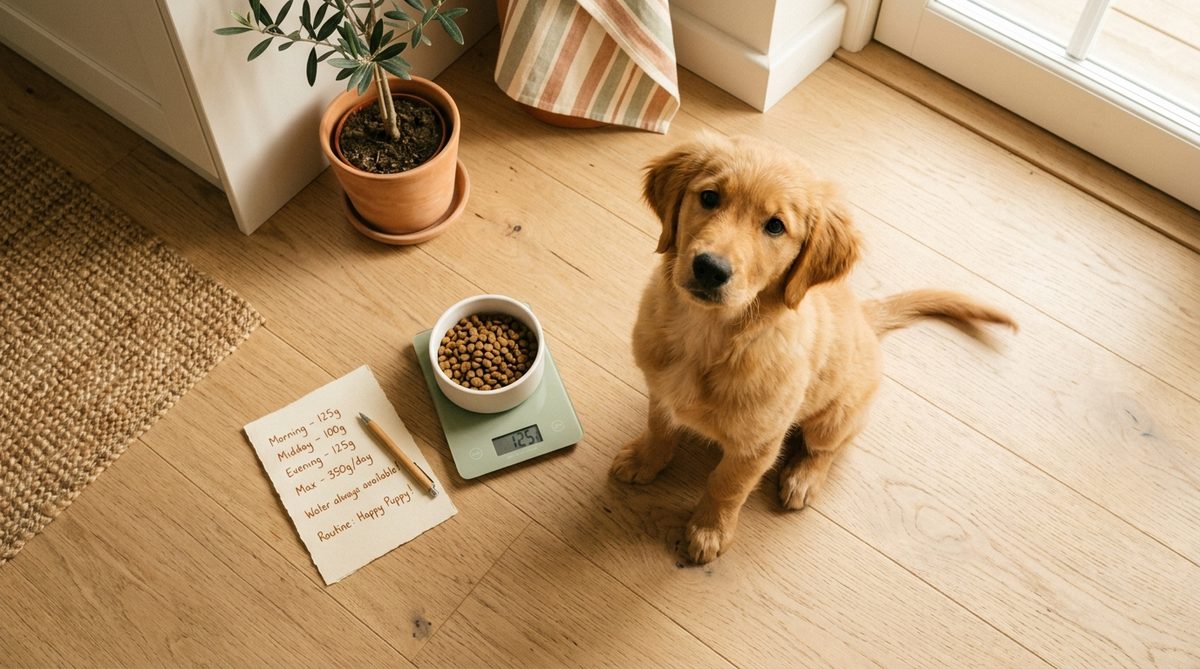 Golden retriever valp sitter vid sin matskål på ett ljust ekgolv i skandinaviskt kök