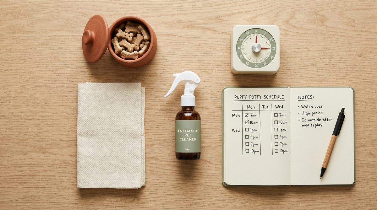 Enzymatisk rengöringsspray, godbitar, timer och anteckningsblock med kissträningsschema på ett ljust ekbord