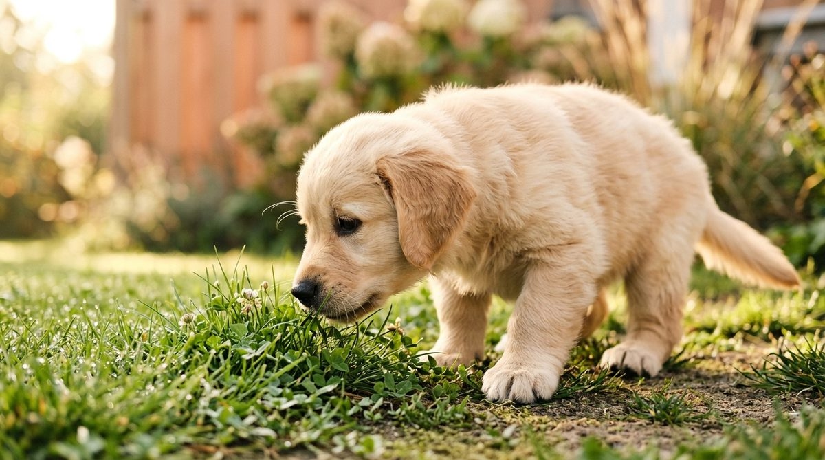 Golden retriever valp ute på gräs med koncentrerat ansiktsuttryck, morgonljus — kissträning valp