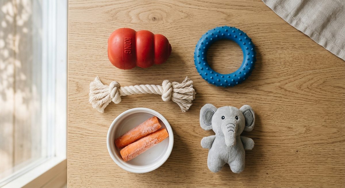 Omdirigerings­objekt för valpträning: Kong-leksak, rep-tuggleksak, gummiring, frysta morötter och godbitar på ett ekbord