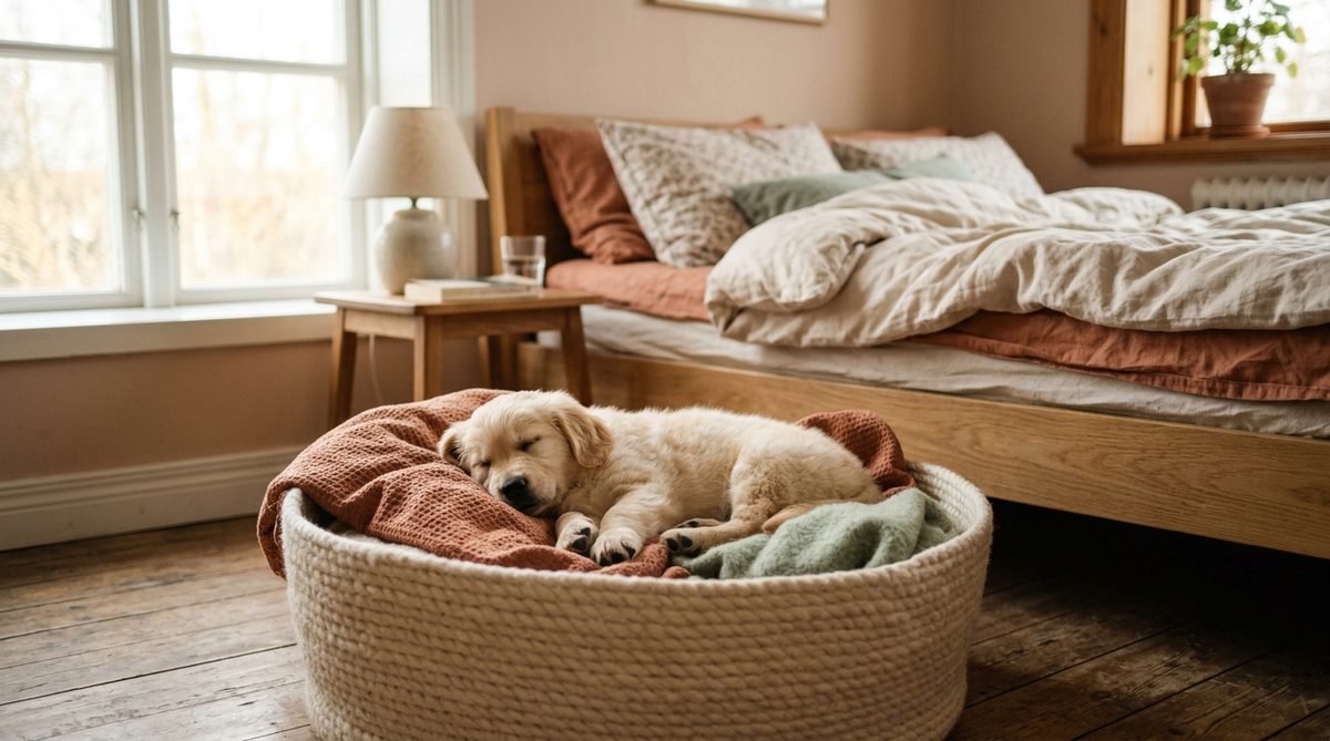 Golden retriever valp som sover lugnt i en korg bredvid en säng under sin första natt hemma