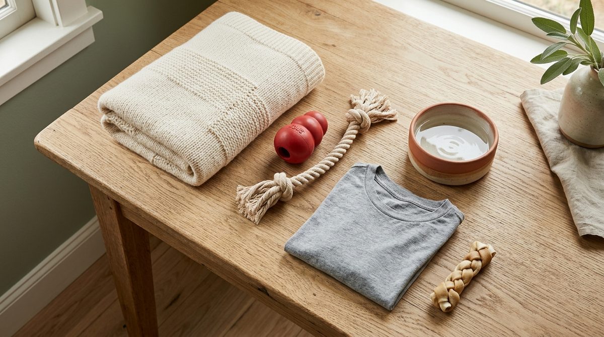 Förberett kit för valpens första natt — filt, Kong, repleksak, vattenskål av keramik och t-shirt med uppfödarens doft