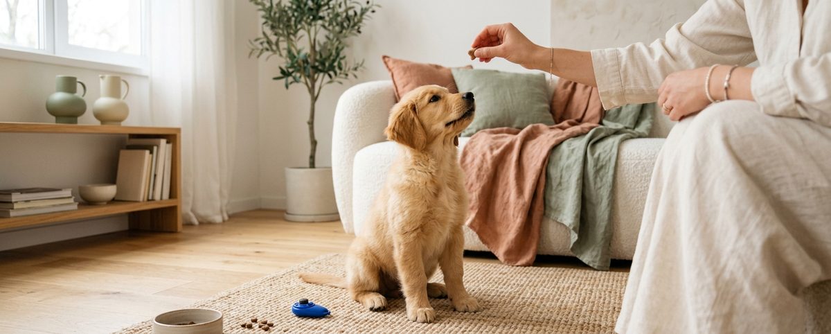 Golden retriever-valp fokuserat uppmärksam på sin ägares hand med godis, tränar lugnt beteende i skandinaviskt vardagsrum