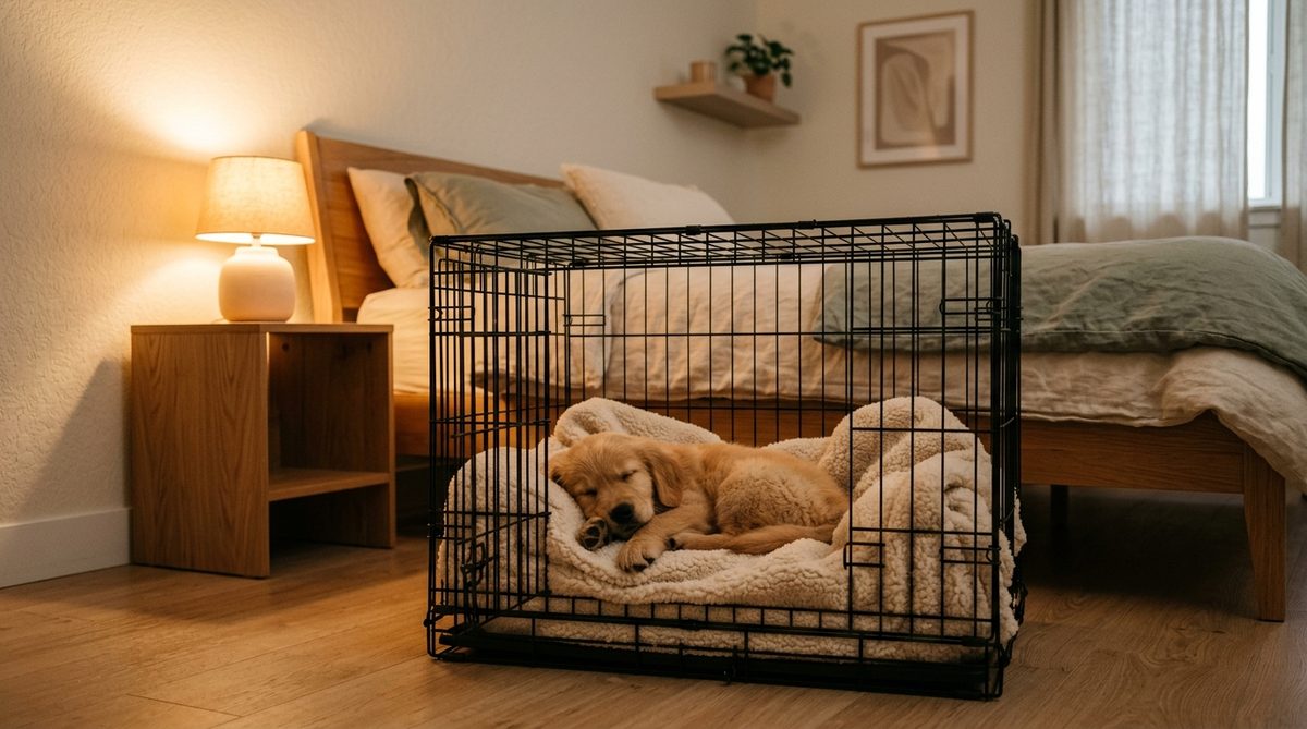 Golden retriever valp som sover i en bur bredvid en säng i ett skandinaviskt sovrum med mjukt nattljus