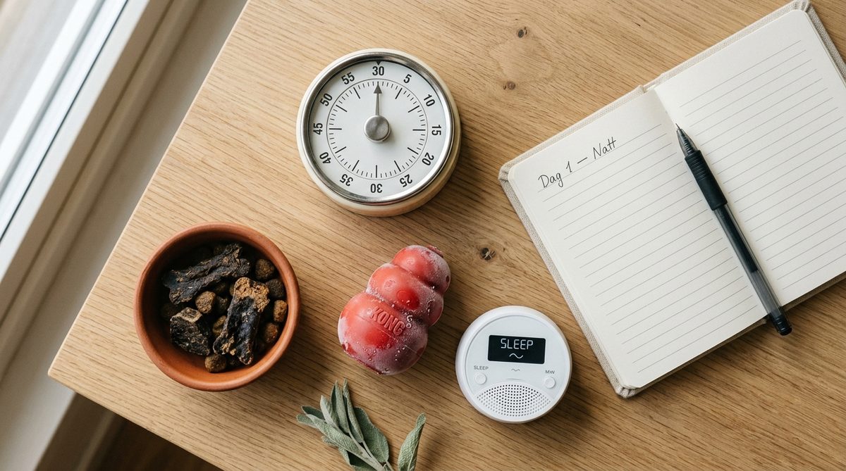 Analog kökstimer, frusen Kong-leksak, godbitar i keramikskål och anteckningsblock på ett ljust ekbord — sömnrutin för valp