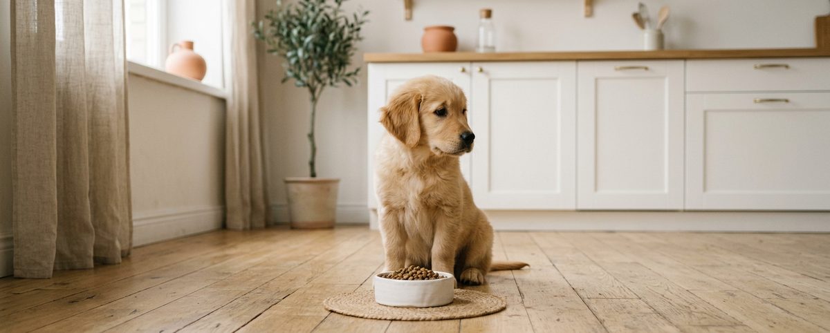 Golden retriever valp sitter framför en keramikskål med mat men vänder bort blicken i ett skandinaviskt kök
